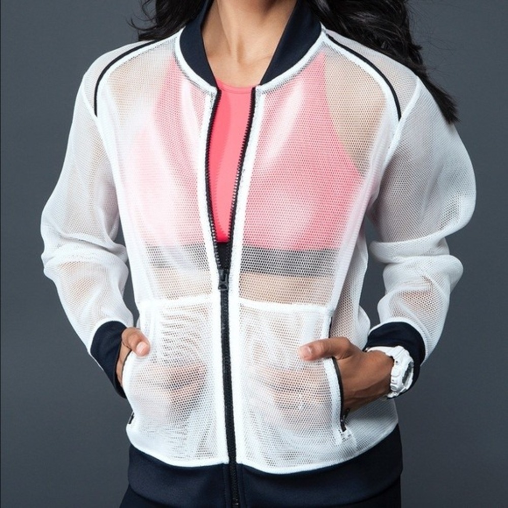 Alala White Mesh Bomber Jacket Size S Black Trim Full Zip Long Sleeves Athletic